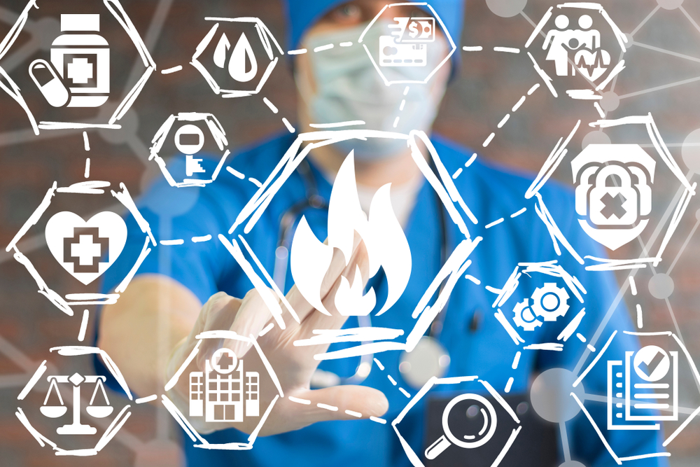 Doctor,Man,Presses,Fire,Flame,Button,On,Virtual,Informative,Digital