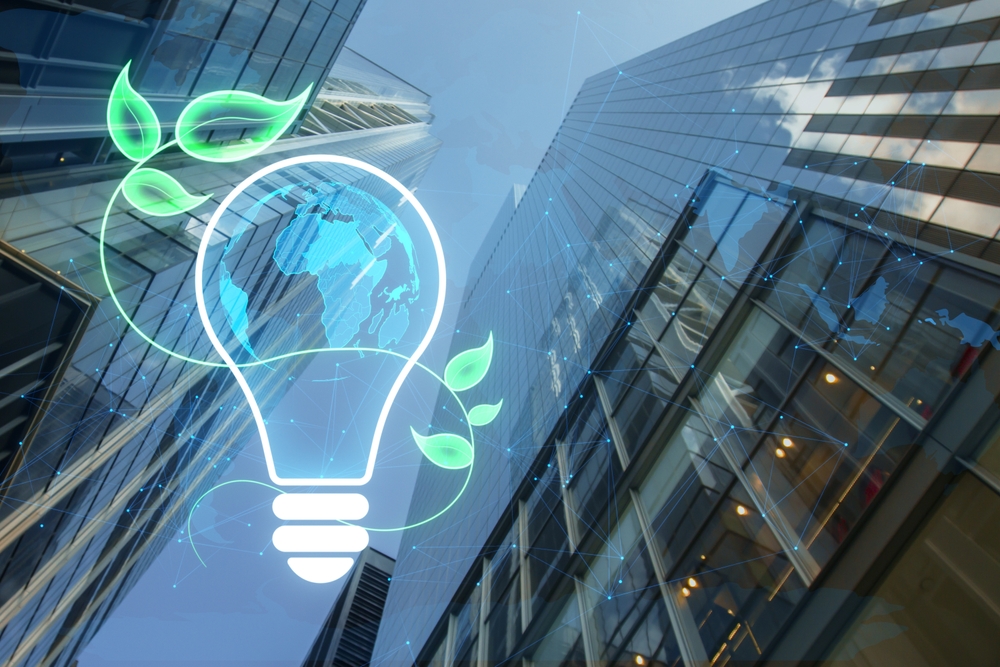 Creative,Eco,Lightbulb,On,Blurry,City,Background.,Environmental,Protection,,Renewable,